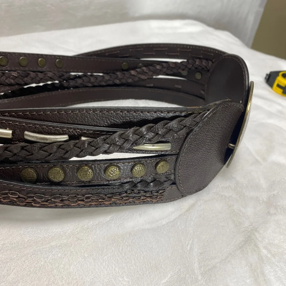 Chicos Faux Leather Dark Brown Wide Braided Studded Belt‎ Fashion Accessory Chic